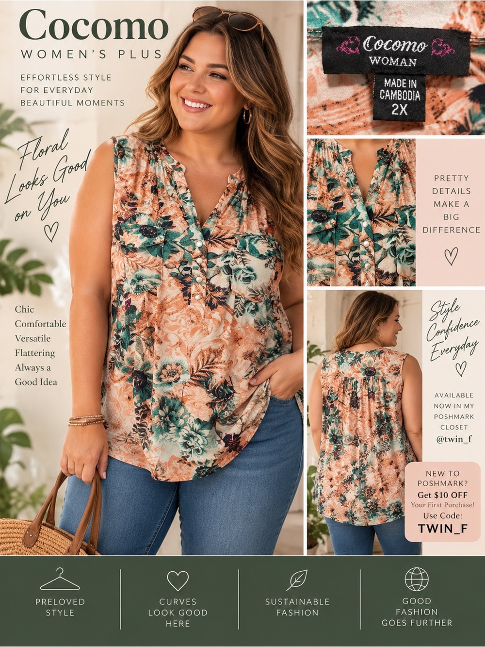 Cocomo Woman Plus Size 2X Floral Sleeveless Tunic Top Boho Cottagecore